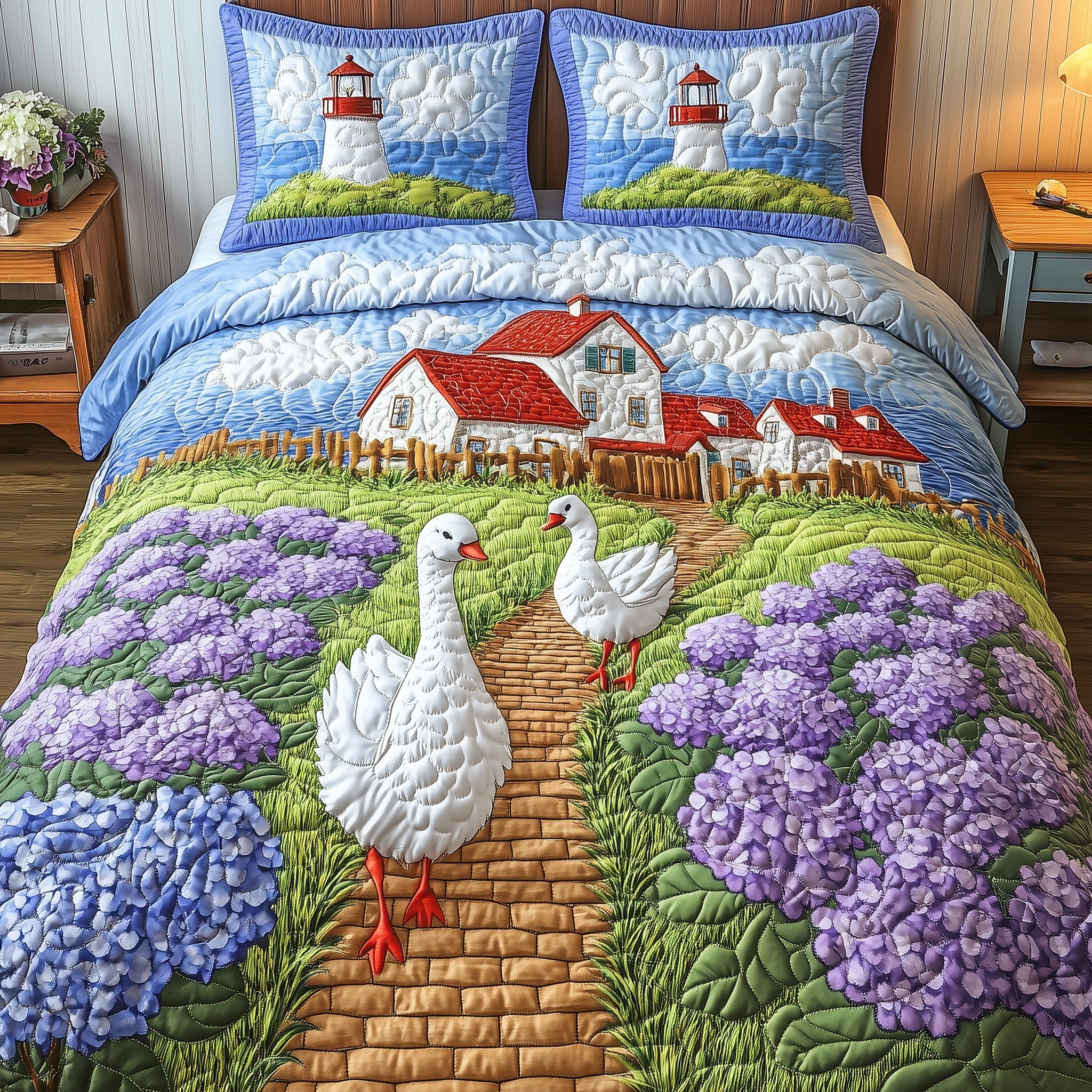 Goose Peaceful Town Quilted Bedding Set Dreamy Town With Hydrangeas Home Bedroom Decor Gift