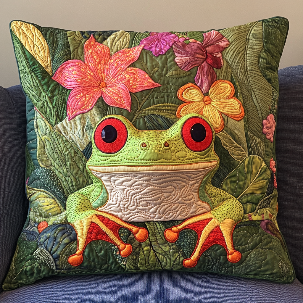 Green Buddy Quilted Pillow Case Throw Pillow Covers Frog Related Gifts