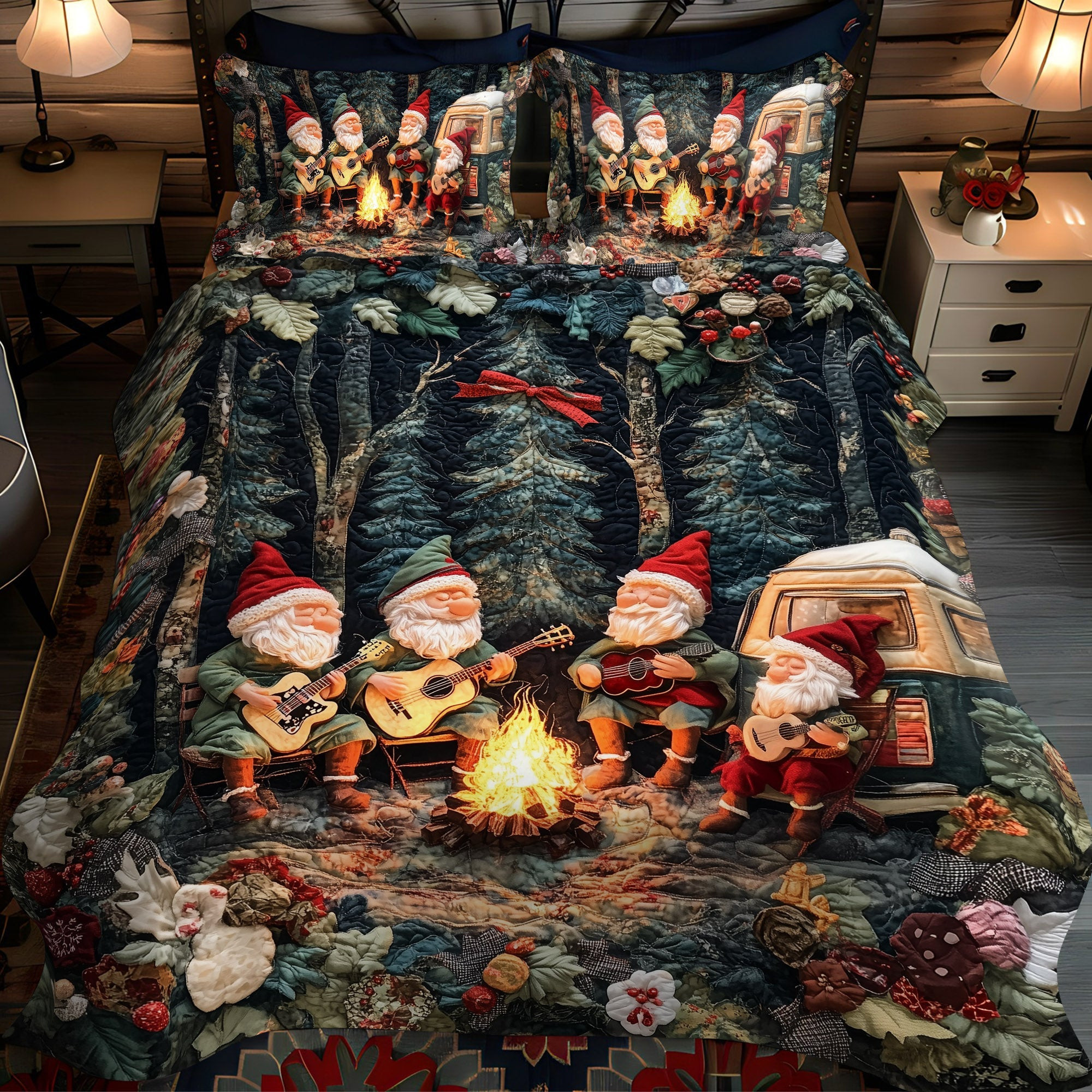 Guitar Nights Quilted Bedding Set Gnome Xmas Gift