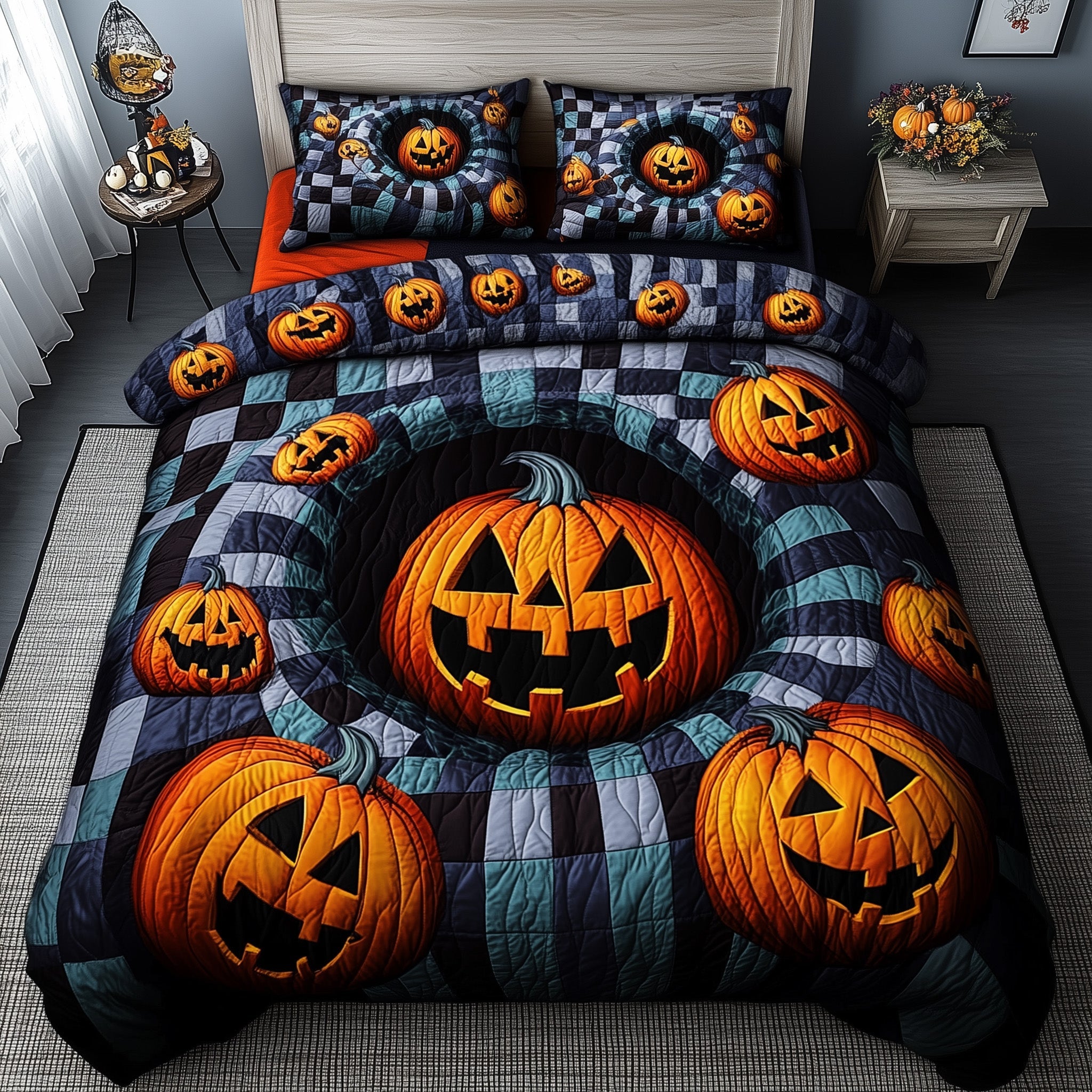 Halloween Illusion Quilted Bedding Set Laughing Pumpkin Design Bedding Spooky Gifts