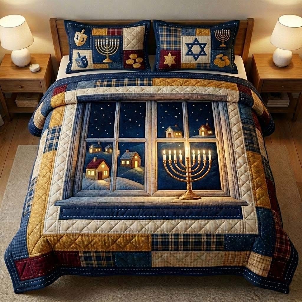 Hanukkah Quilted Bedding Set Menorah Window Bed Sheet Set Jewish Holiday Bed Room Decoration