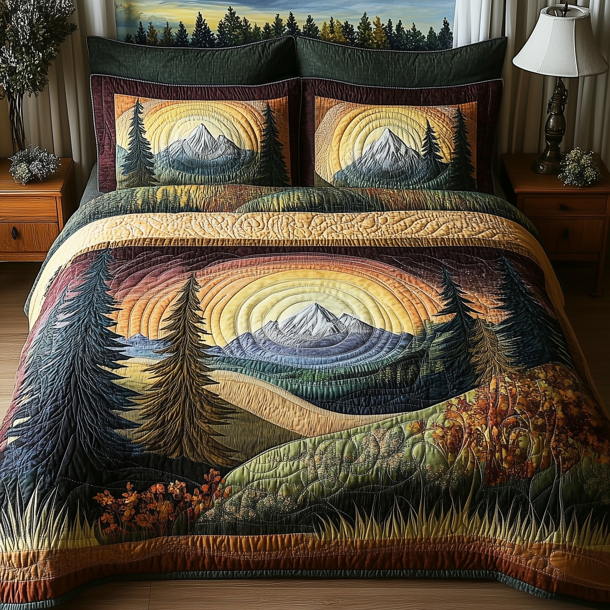 Harmony Vibe Quilted Bedding Set Nature Joy Illustration Sunset Scene Bedding Gifts