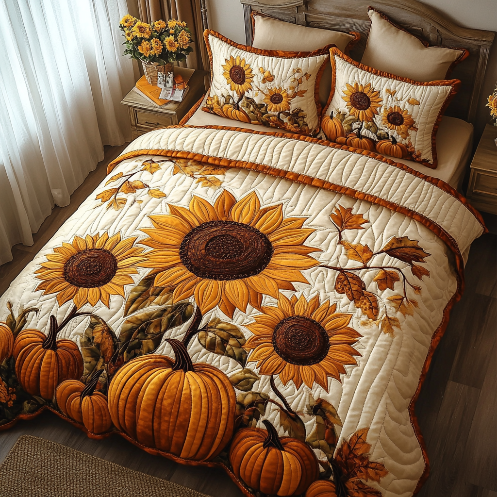 Harvest Field Quilted Bedding Set Sunflower Gifts For Friends