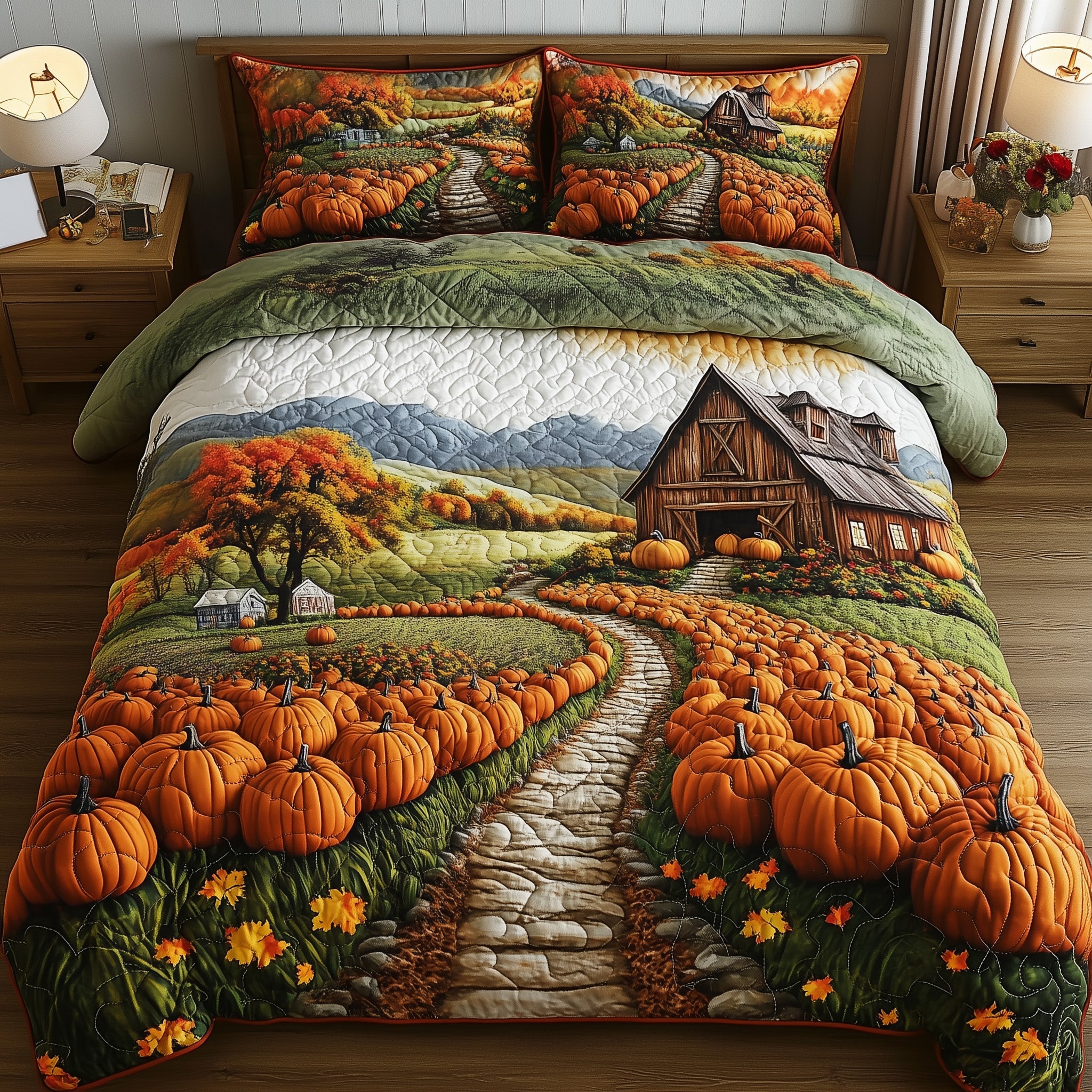 Harvest Glow Quilted Bedding Set Harvest Pumpkin Field Autumn Scenery Bedding Gifts