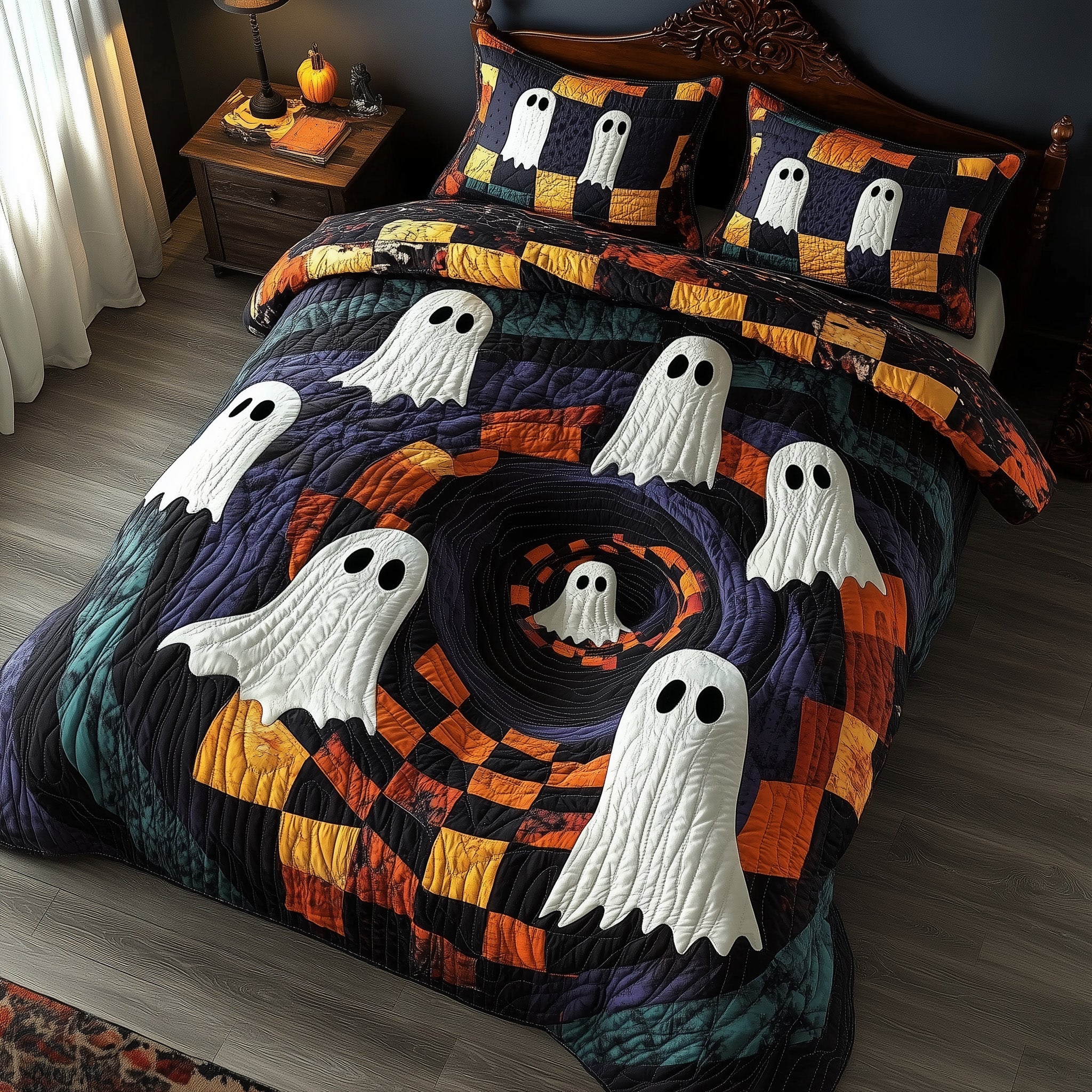 Haunted Halloween Quilted Bedding Set Spooky Ghost Unique Halloween Bedroom Gift Ideas