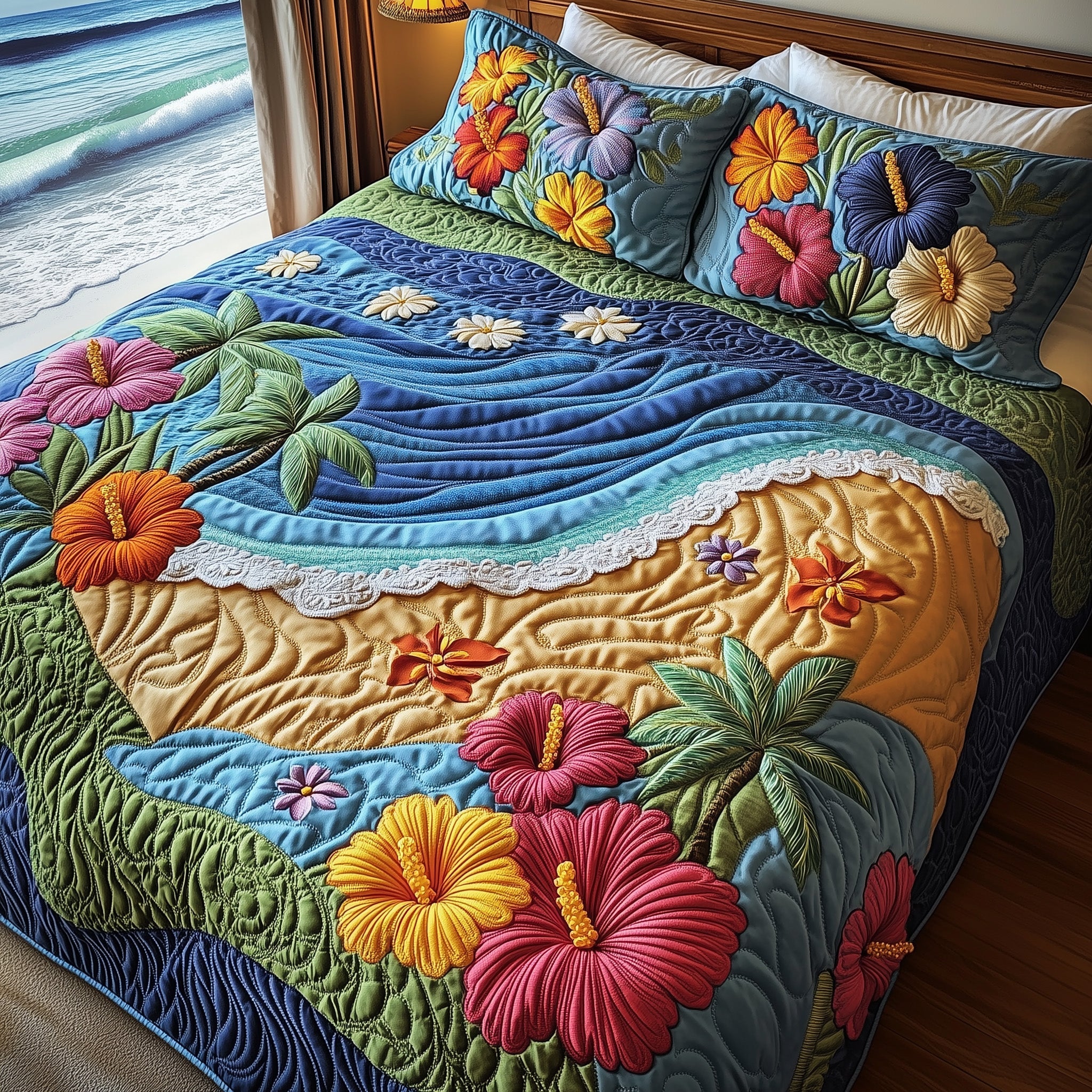 Hibiscus Shoreline Quilted Bedding Set Beach Paradise Beach And Blossom Bedding Gift Ideas