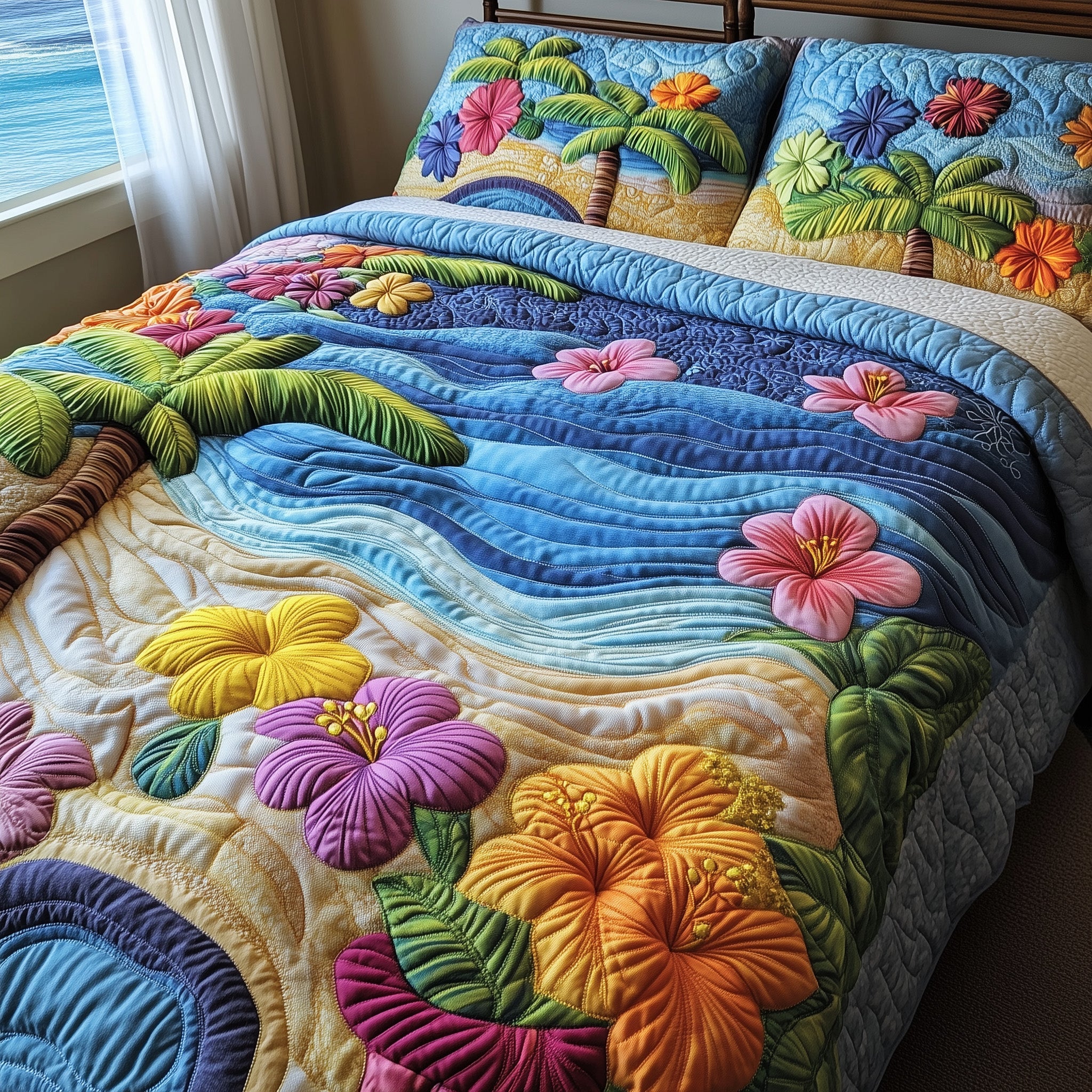 Hibiscus Shoreline Quilted Bedding Set Island Beach Decor Blossom Flowers Bedding Gifts