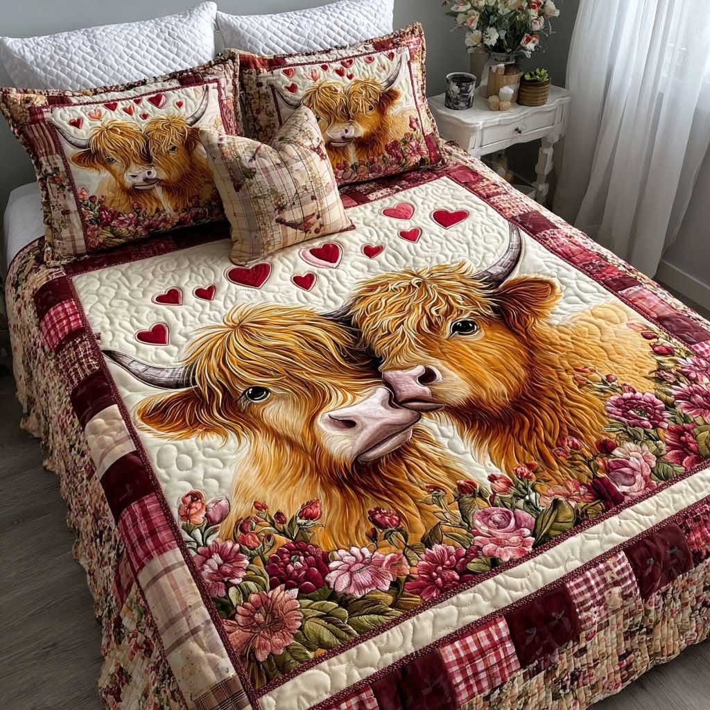 Highland Cow Couple Quilted Bedding Set Valentine Bedroom Decor Gifts For Highland Cow Lovers