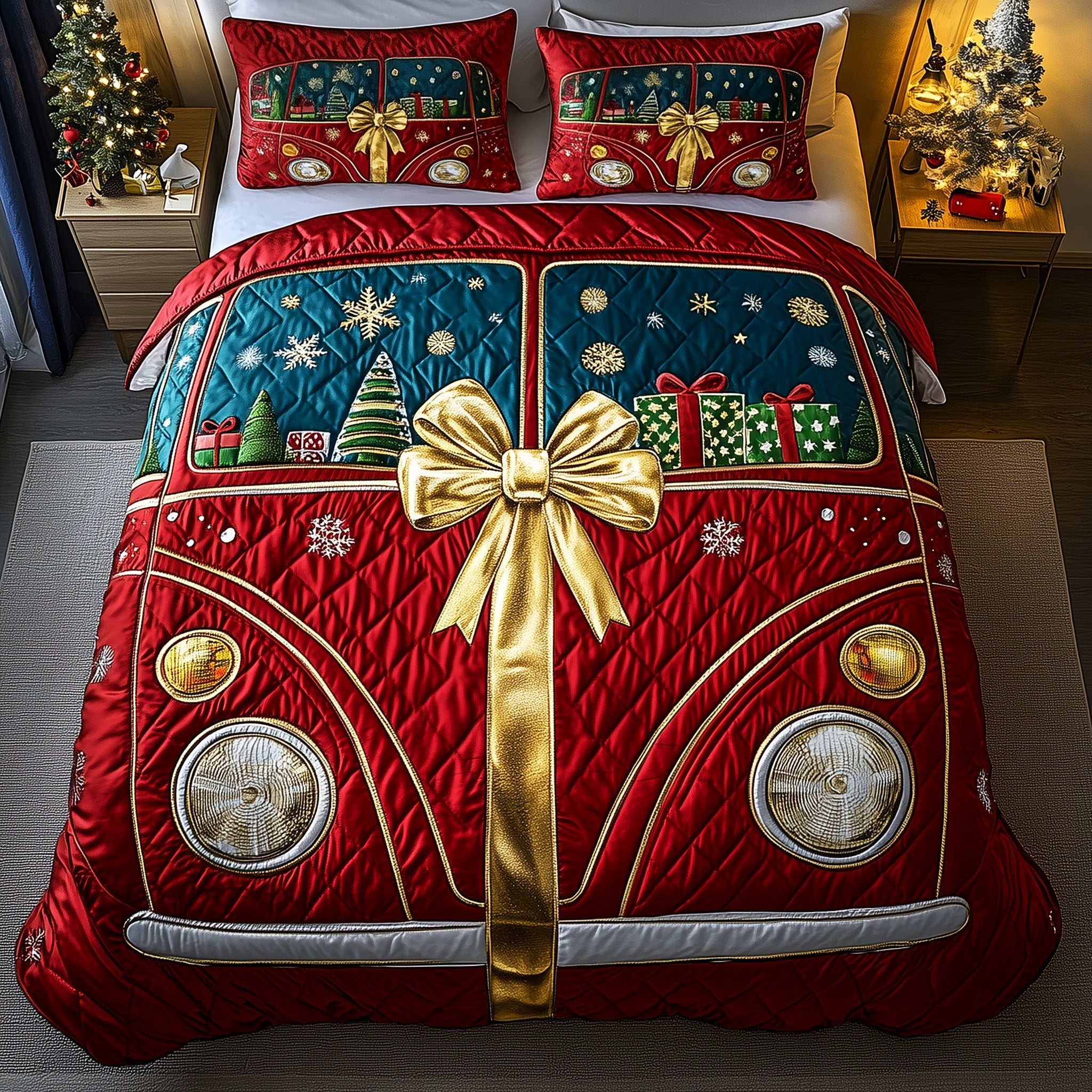 Holiday Camper Quilted Bedding Set Retro Holiday Van Design Merry Christmas Day Gifts