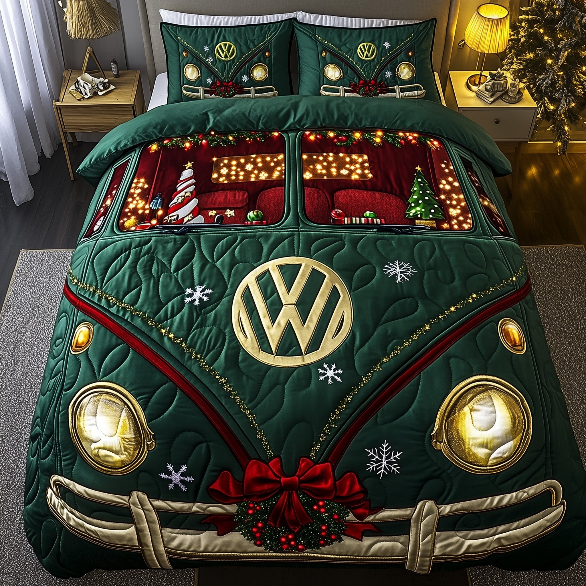 Holiday Camper Quilted Bedding Set Vintage Bus Christmas Decor Best Xmas Bedding Gifts