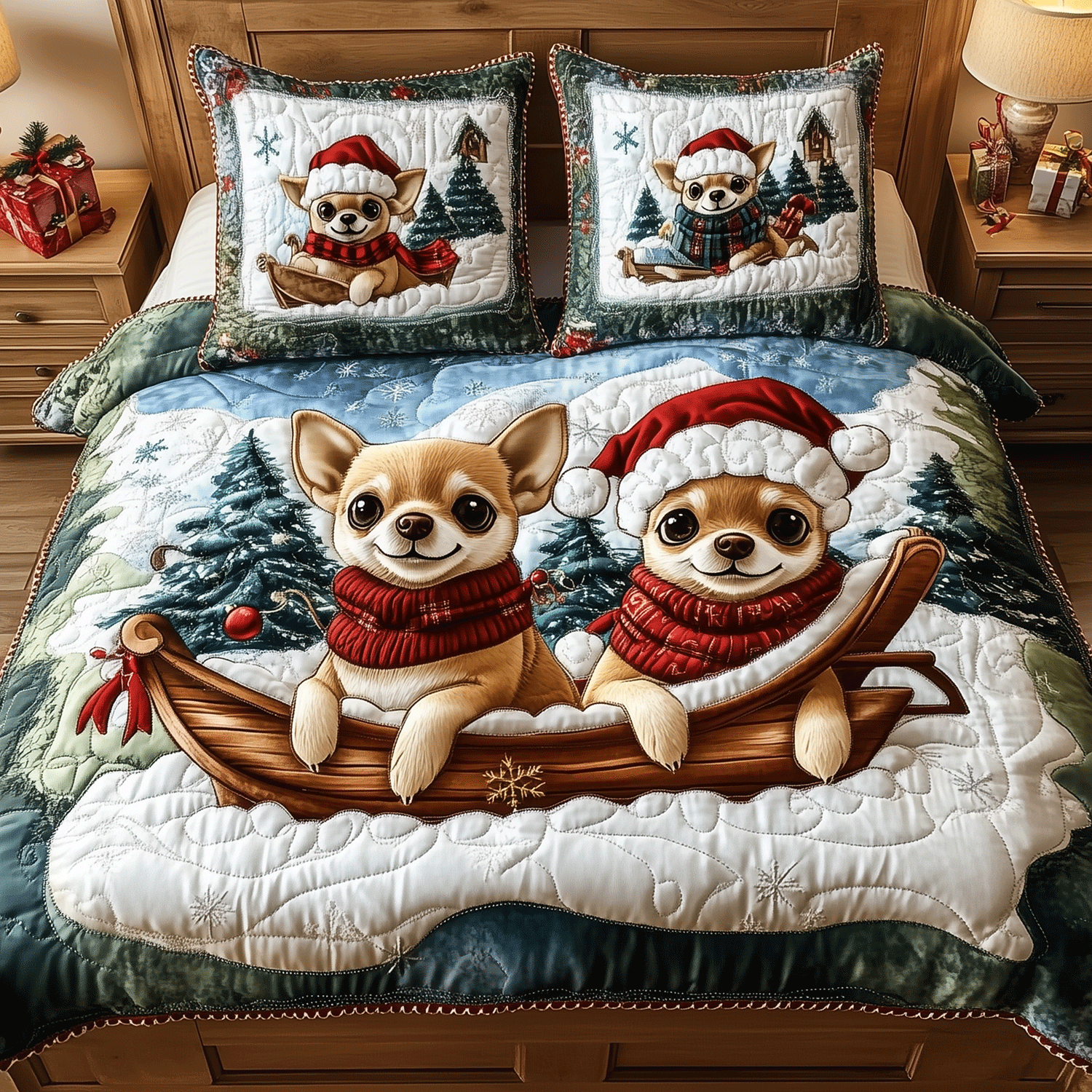 Holiday Chi Paws Quilted Bedding Set Best Chihuahua Gifts