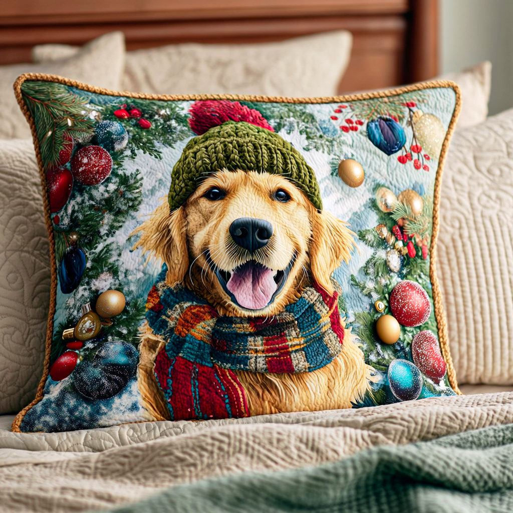 Holiday Golden Spirit Quilted Pillow Case Christmas Sofa Pillow Covers Best Golden Retriever Gifts