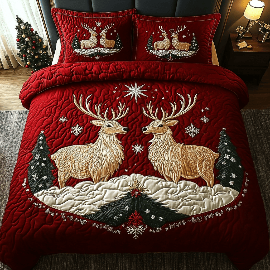 Holiday Herd Quilted Bedding Set Reindeer Christmas Presents