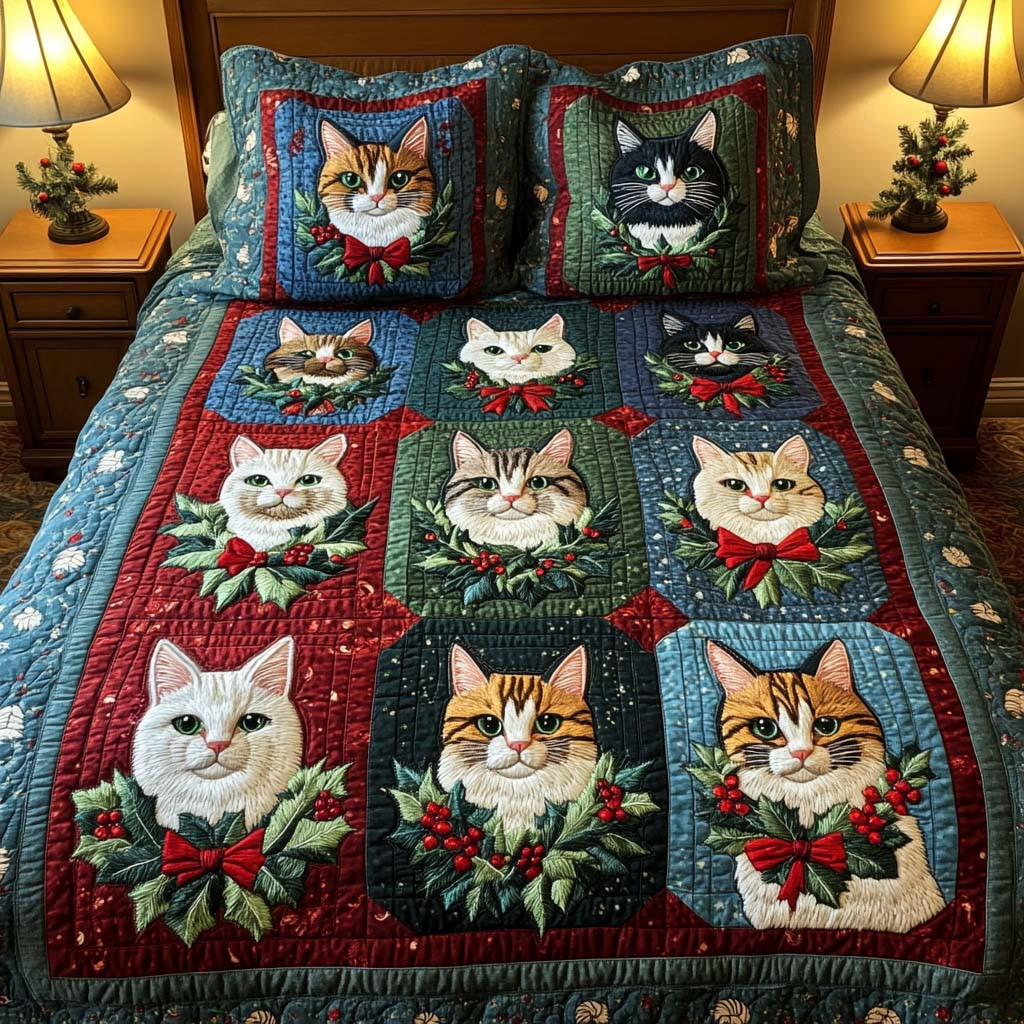 Holiday Purrfection Quilted Bedding Set Items For Cat Lovers