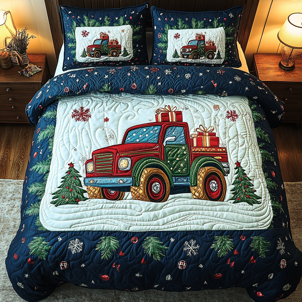 Holiday Trucking Adventure Quilted Bedding Set Christmas Gift For Boyfriend