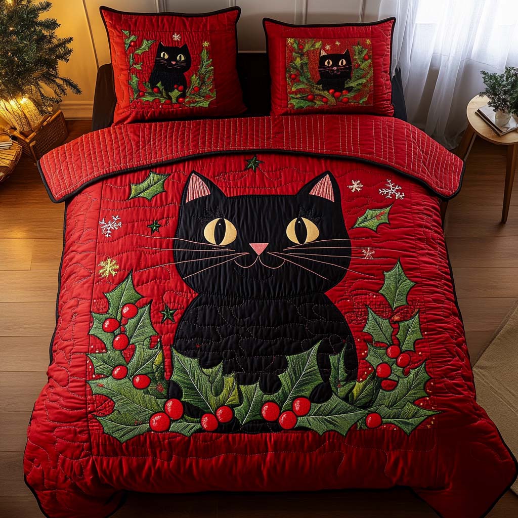 Holly Charm Quilted Bedding Set Christmas Gift Ideas For Cats