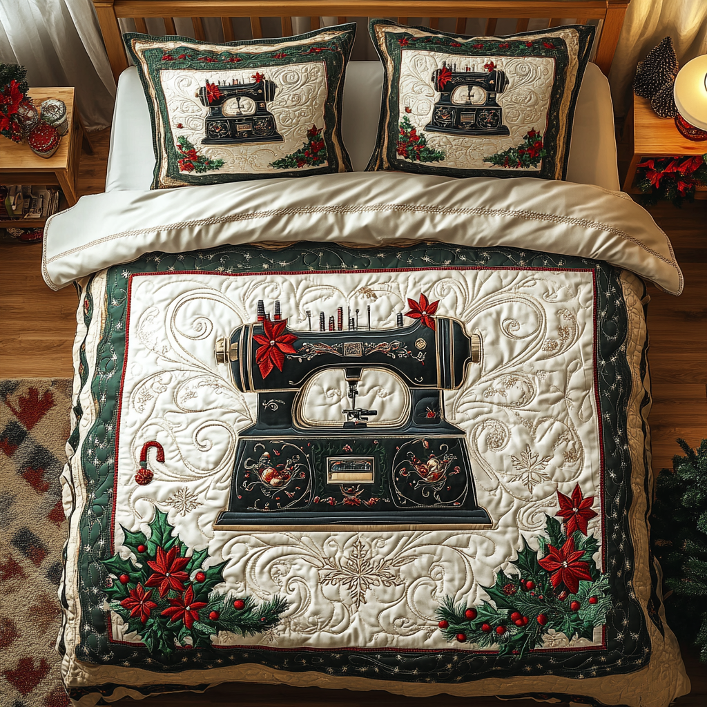 Holly Stitch Quilted Bedding Set Sewing Christmas Gift Ideas