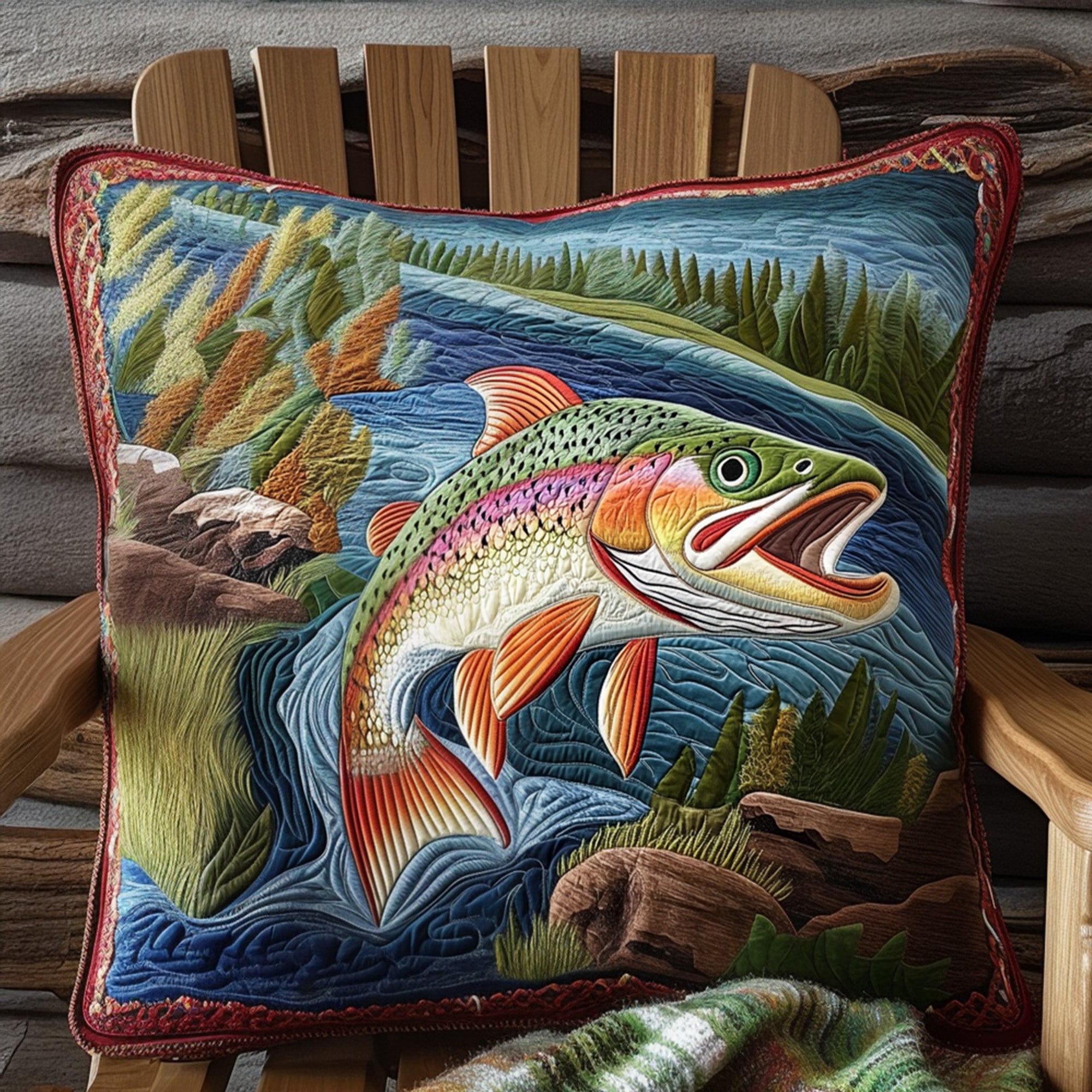 Hooked on Trout Quilted Pillow Case Throw Pillow Case Covers Best Fishing Gifts For Dad