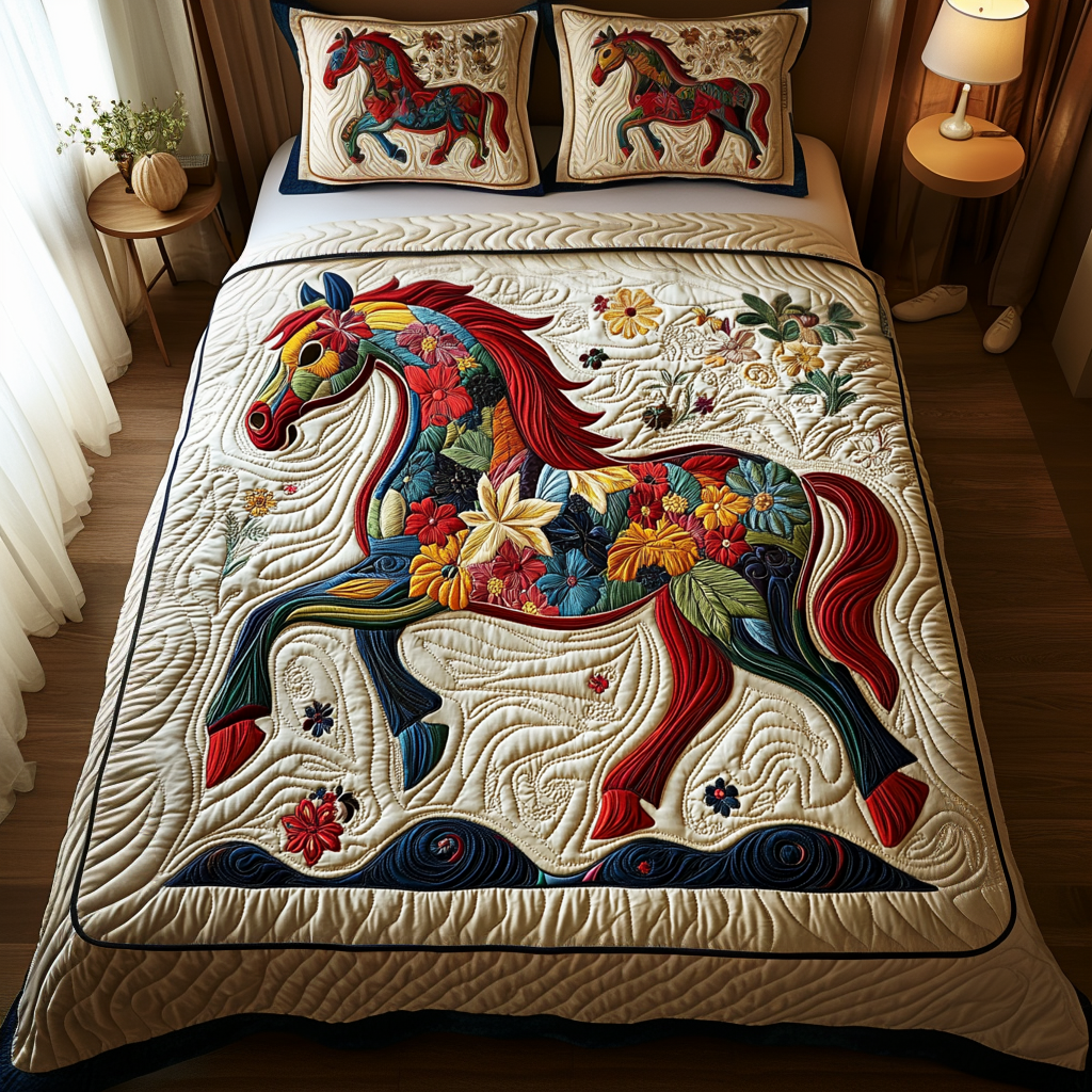 Horse Blooms Quilted Bedding Set Christmas Gift Idea