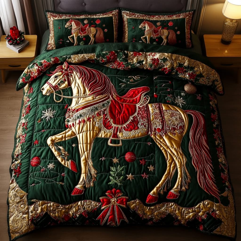 Horse Christmas Quilted Bedding Set Holiday Bed Decor Ideas Best Gifts For Horse Lovers