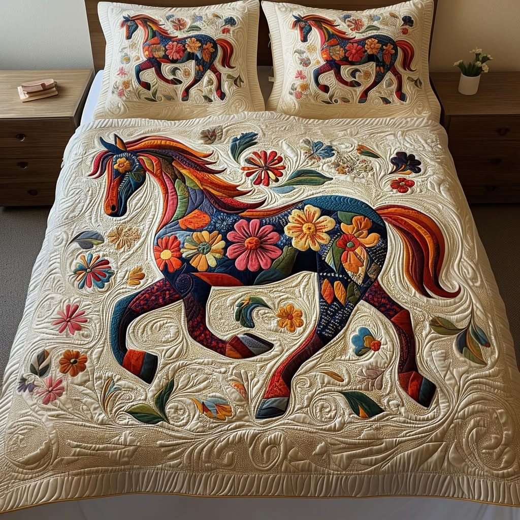 Horse Floral Gallop Quilted Bedding Set Colorful Duvet Cover Set Gifts For Horse Lovers