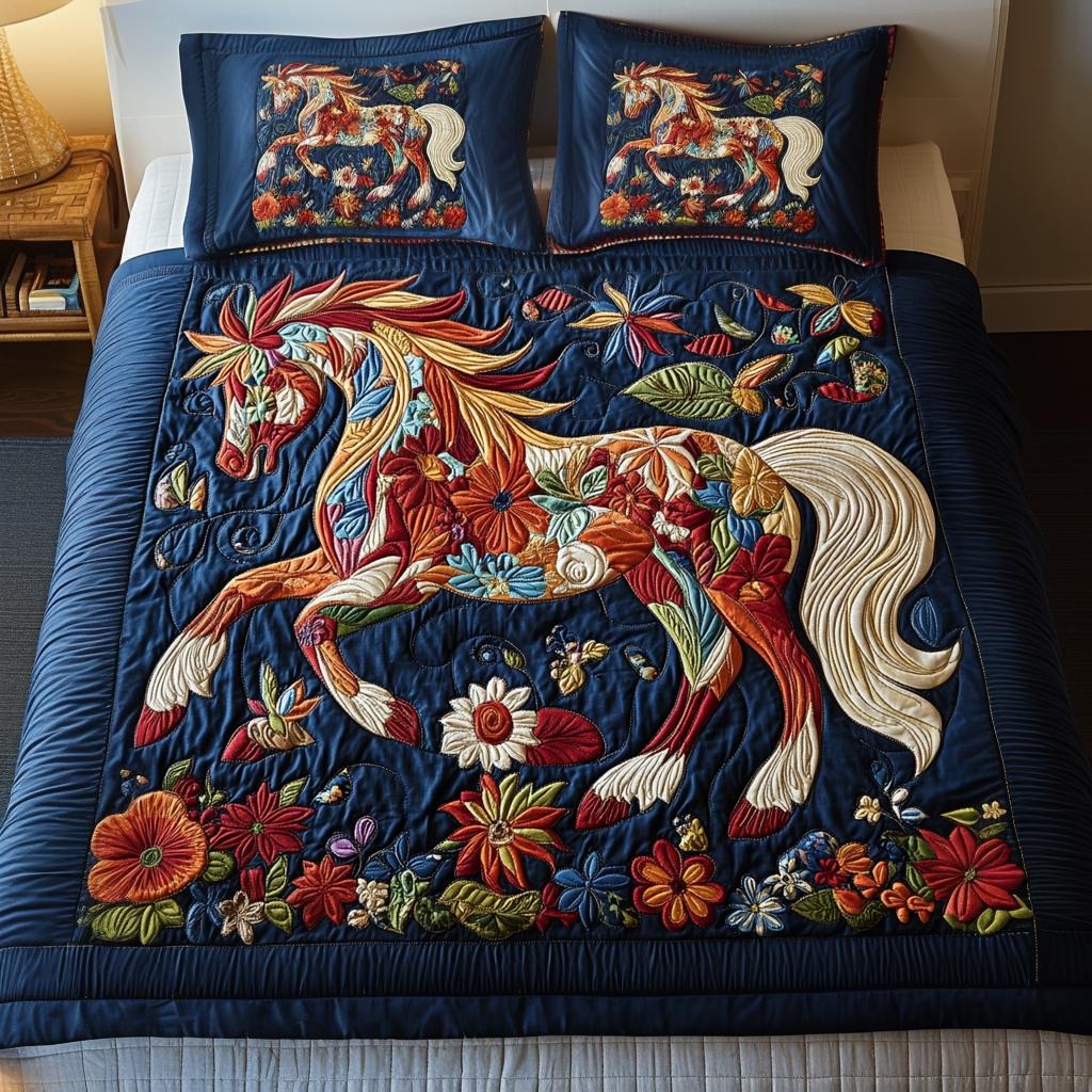 Horse Garden Gallop Quilted Bedding Set Colorful Floral Bedspread Set Present For Horse Lovers