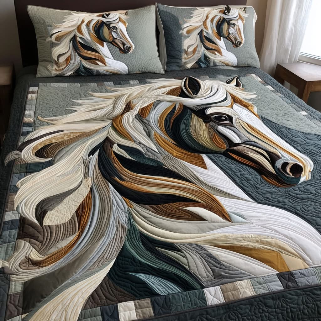 Horse Noble Mane Quilted Bedding Set Artistic Animal Bedsheet Set Cool Gifts For Horse Lovers