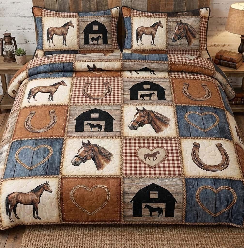 Horse Patchwork Quilted Bedding Set Rustic Farmhouse Bedspread Set Gifts Ideas For Horse Lovers