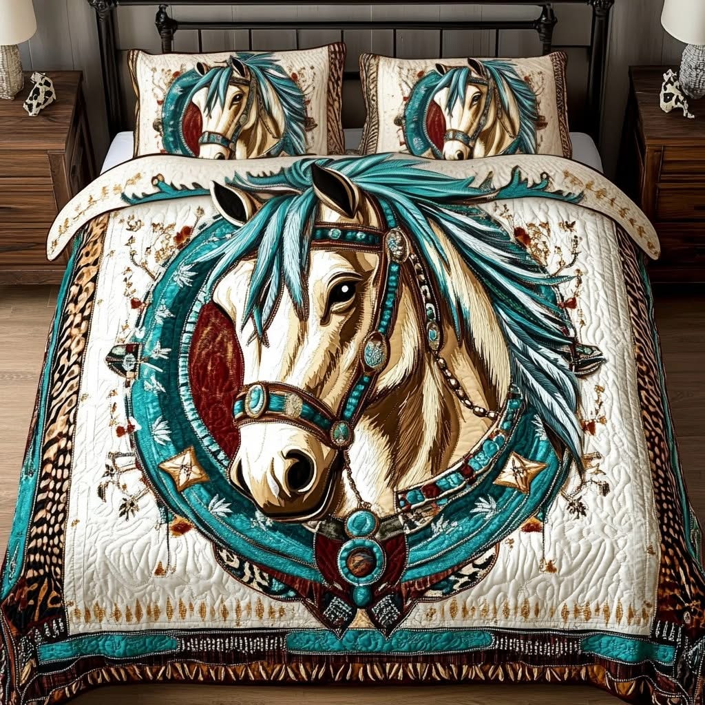 Horse Portrait Quilted Bedding Set Native American Bed Decor Best Gifts For Horse Lovers
