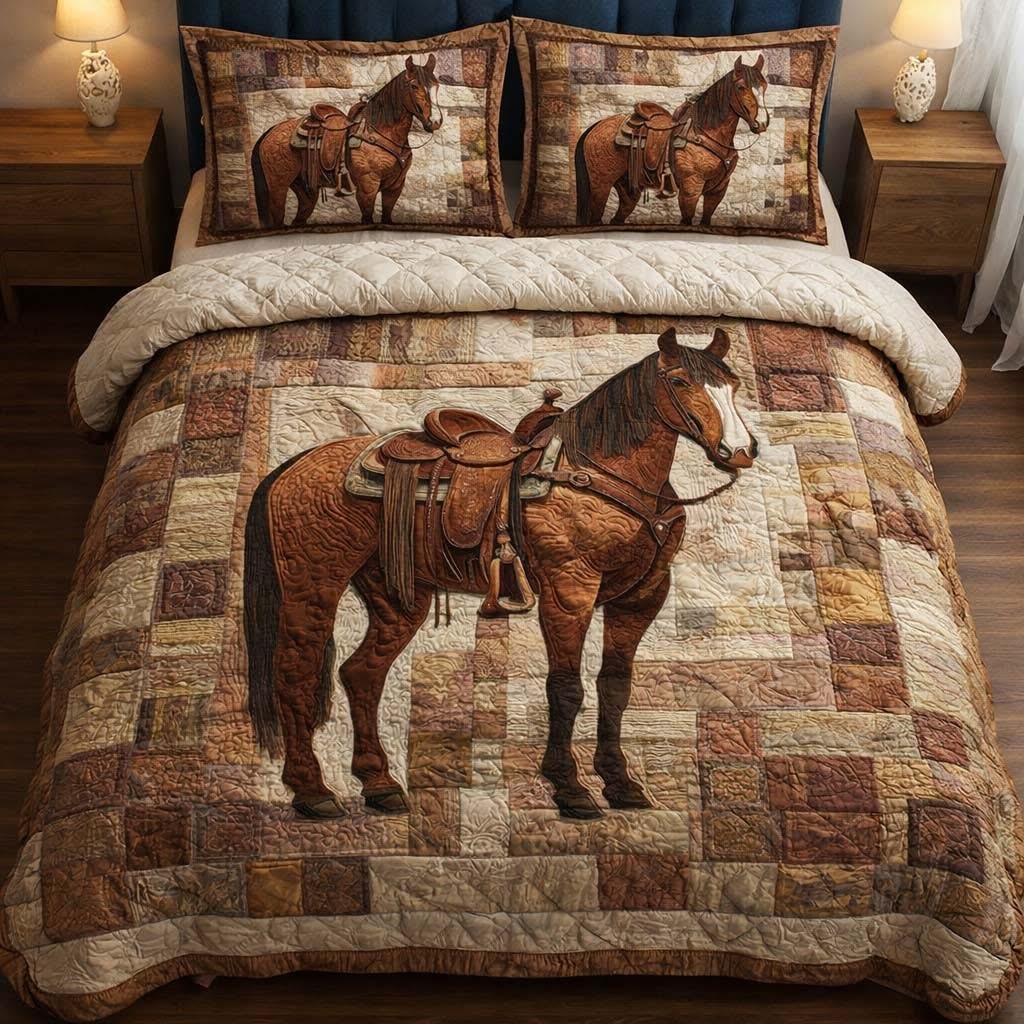 Horse Prairie Quilted Bedding Set Rustic Patchwork Bed Decor Best Gifts For Equestrians