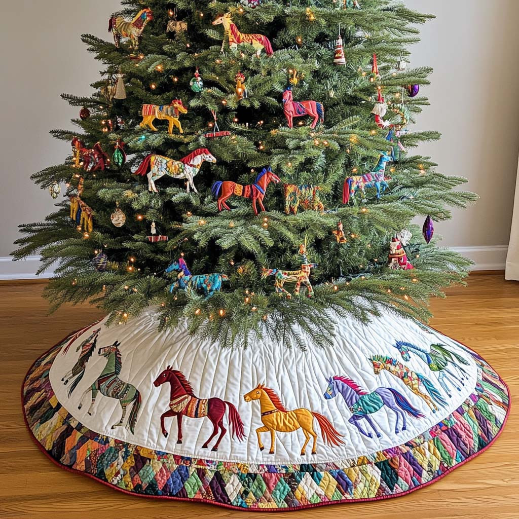 Horse Prairie Winds Christmas Quilted Tree Skirt Xmas Decor Horsey Christmas Gifts