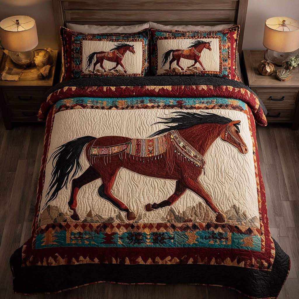 Horse Running Quilted Bedding Set Aztec Themed Bedspread Set Western Bed Room Decoration