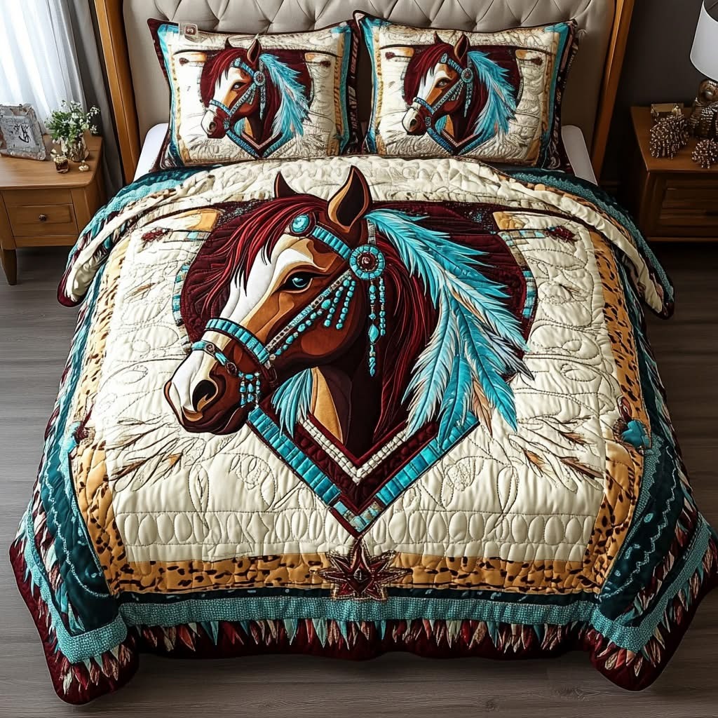 Horse Tribal Grace Quilted Bedding Set Native American Themed Bed Decor Gifts For Horse Lovers