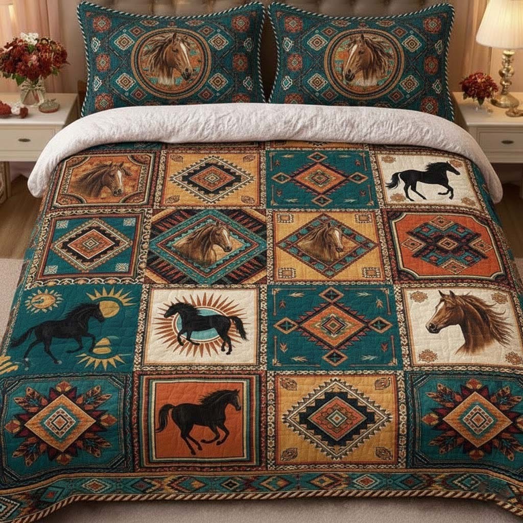 Horse Tribal Quilted Bedding Set Aztec Patchwork Bedspread Set Gifts For Western Lovers