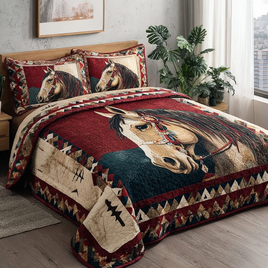Horse Western Trails Quilted Bedding Set Native American Themed Bedroom Decorations Gifts