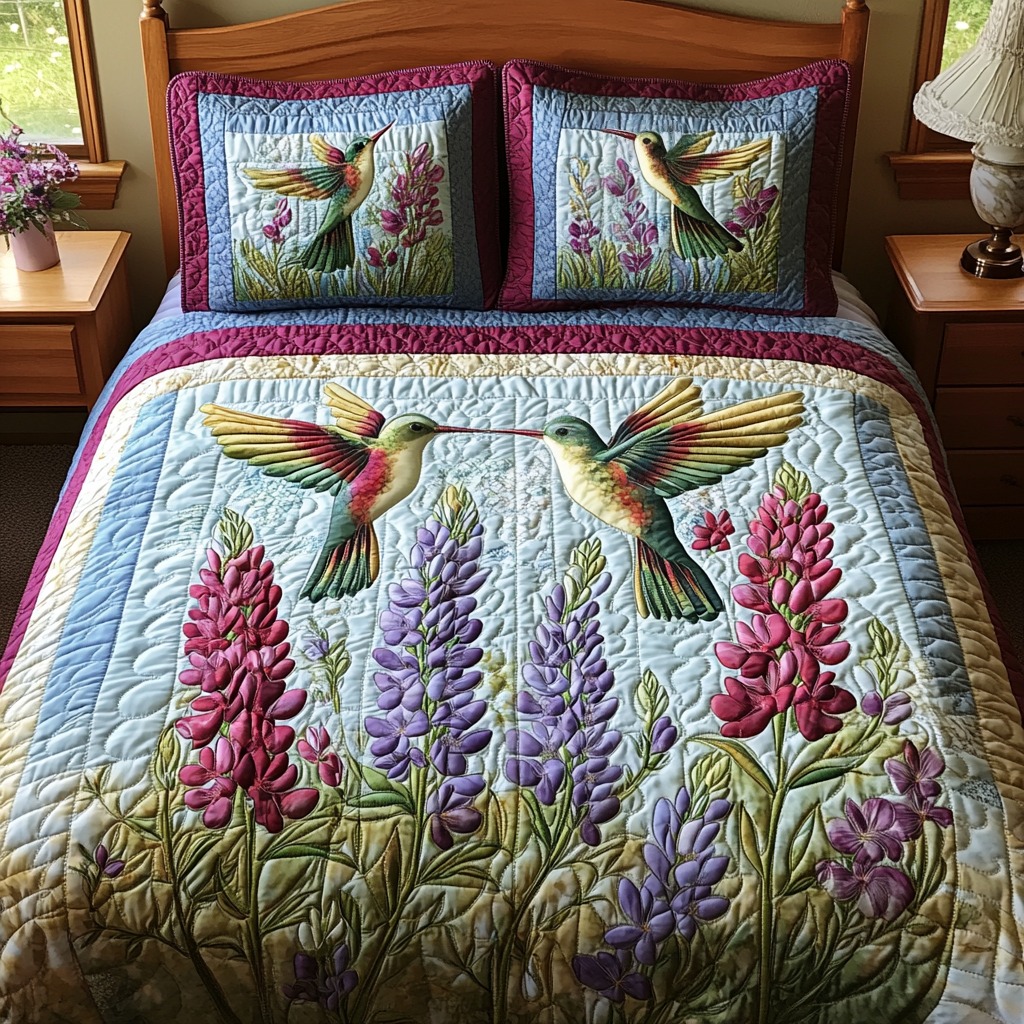 Hummingbird Floral Quilted Bedding Set Romantic Bedroom Decor Gifts For Couple For Bird Lovers