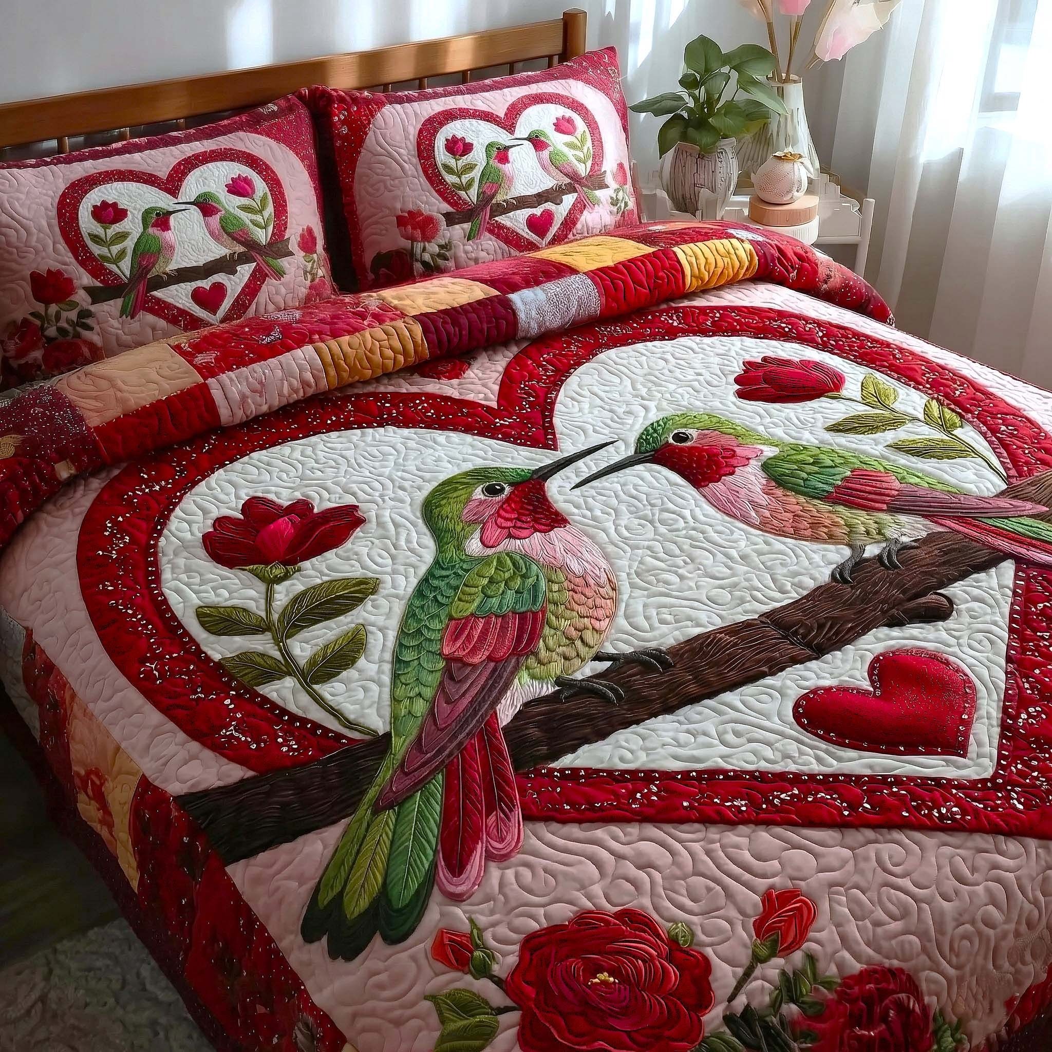 Hummingbird Heart Quilted Bedding Set Valentines Day Bedroom Decoration Gifts For Bird Lovers