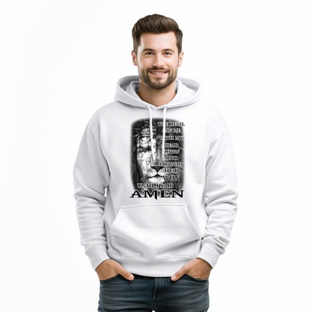 Jesus Lion Shirt Christian The Devil Saw Me With My Head Down Until I Said Amen Hoodie Basgiathsweatshirts - Image 5