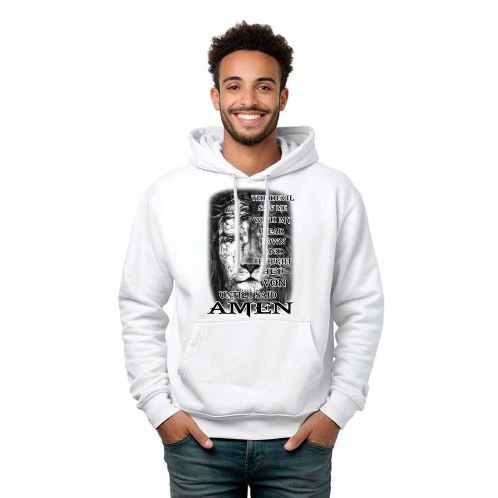 Jesus Lion Shirt Christian The Devil Saw Me With My Head Down Until I Said Amen Hoodie Basgiathsweatshirts - Image 2