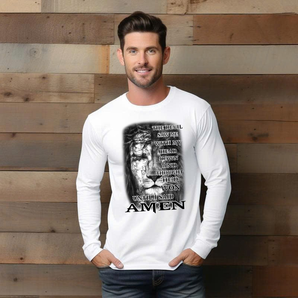Jesus Lion Shirt Christian The Devil Saw Me With My Head Down Until I Said Amen Long Sleeve Shirt Basgiathsweatshirts - Image 4