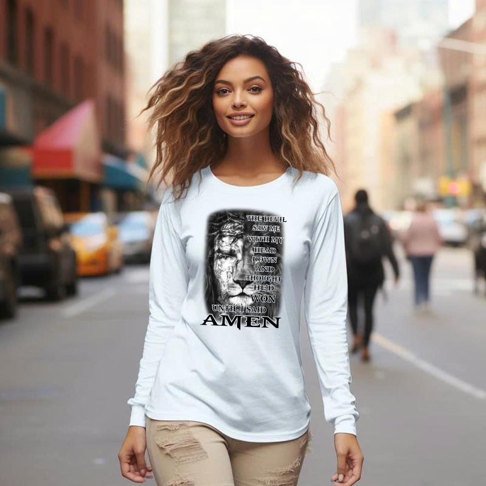 Jesus Lion Shirt Christian The Devil Saw Me With My Head Down Until I Said Amen Long Sleeve Shirt Basgiathsweatshirts - Image 5