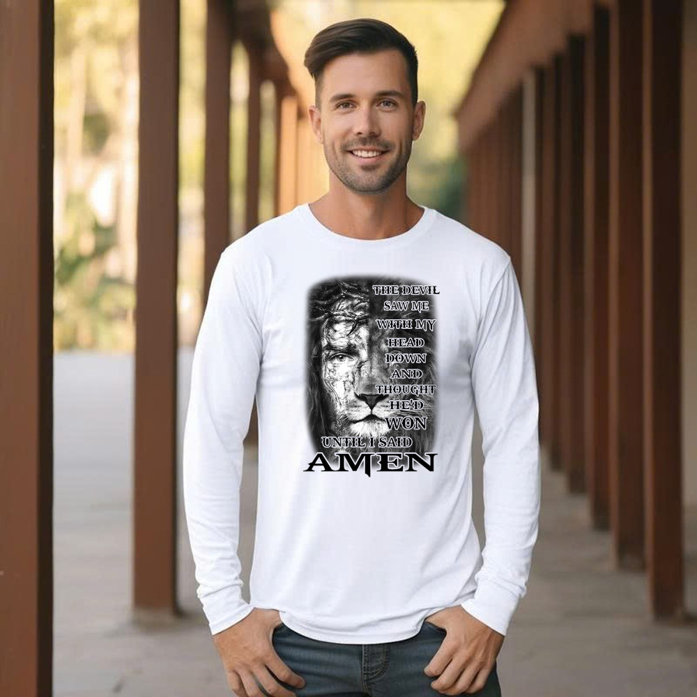 Jesus Lion Shirt Christian The Devil Saw Me With My Head Down Until I Said Amen Long Sleeve Shirt Basgiathsweatshirts - Image 3