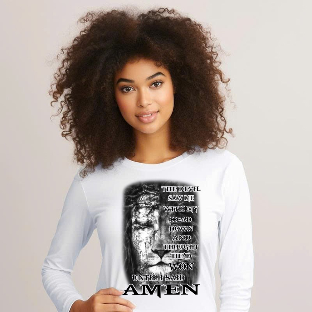 Jesus Lion Shirt Christian The Devil Saw Me With My Head Down Until I Said Amen Long Sleeve Shirt Basgiathsweatshirts - Image 2