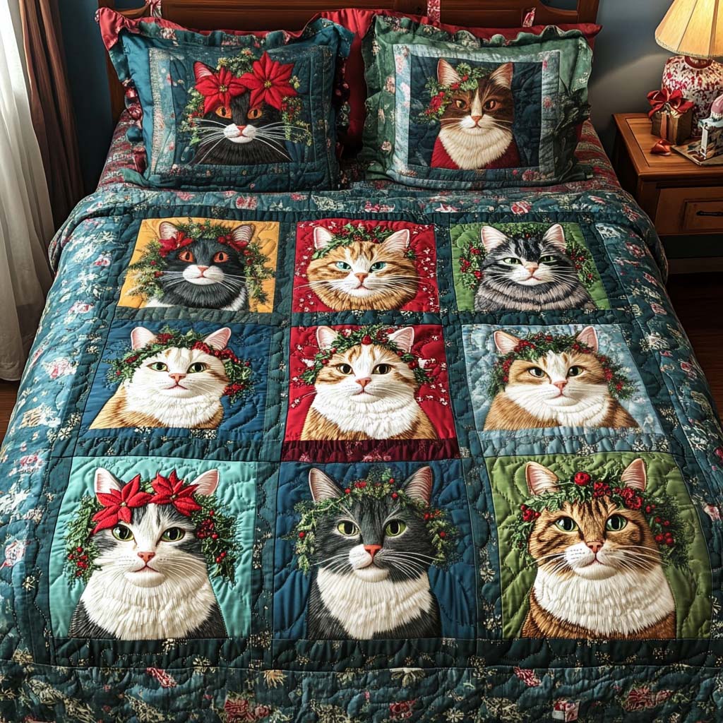 Jolly Cat Cheer Quilted Bedding Set Cat Themed Gifts