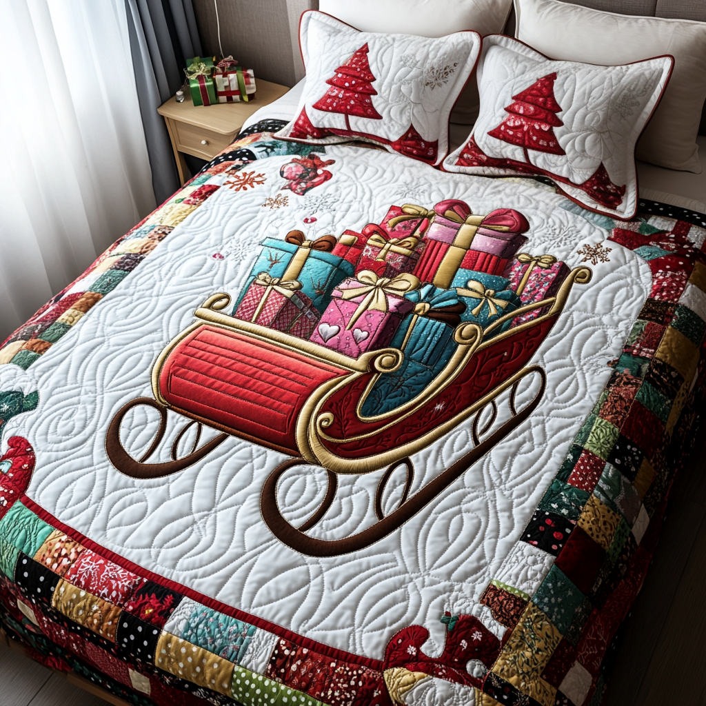 Jolly Sleigh Quilted Bedding Set Gift Ideas For Skiers