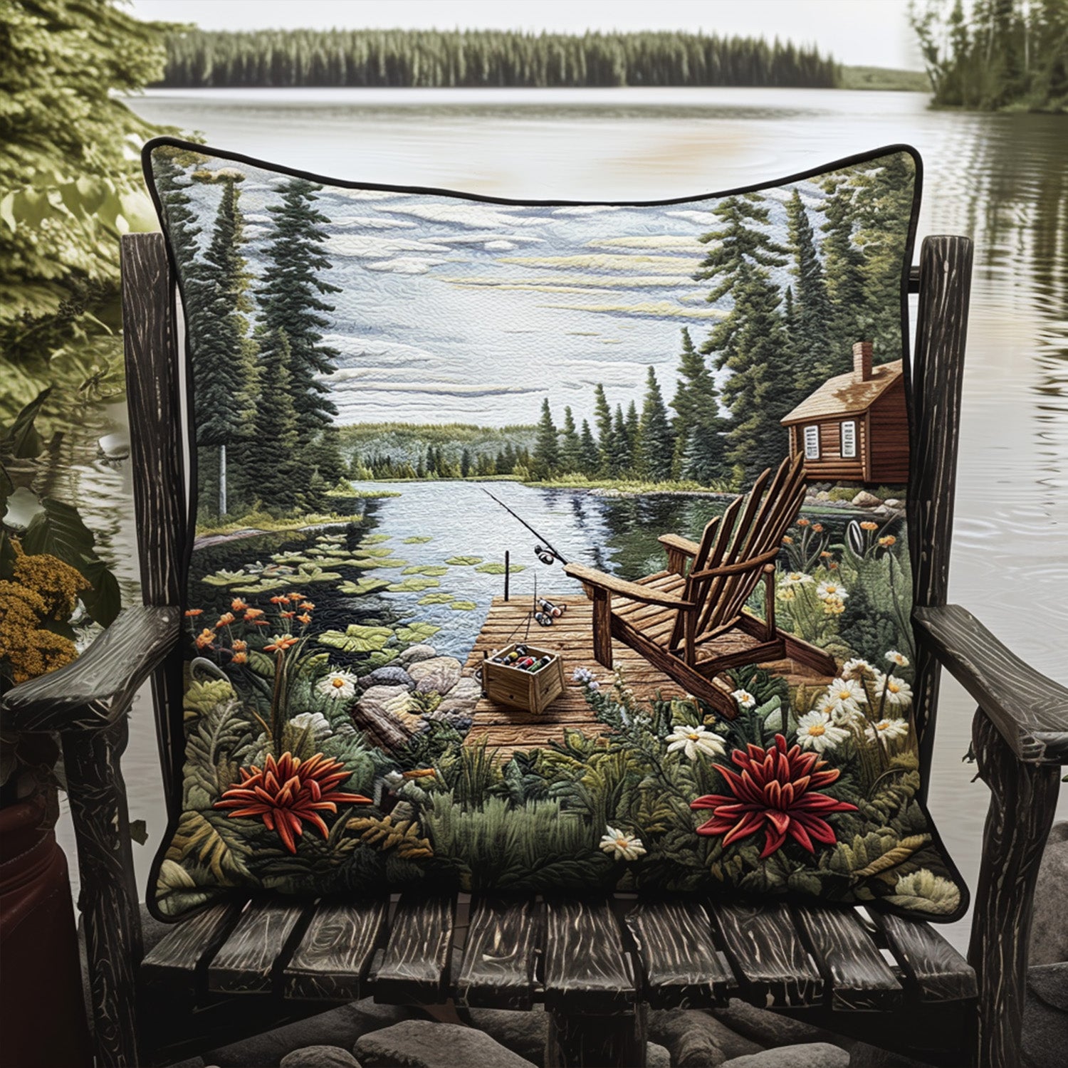 Lakeside Angling Quilted Pillow Case Decorative Throw Pillow Covers Cool Gifts For Fishermen