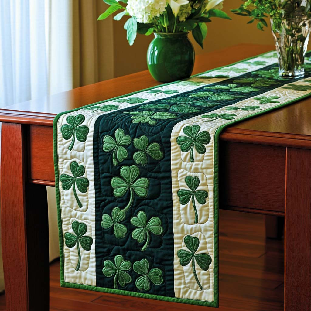 Leafy Fortune Quilted Table Runner Irish Holiday Dining Table Shamrock Gift Idea