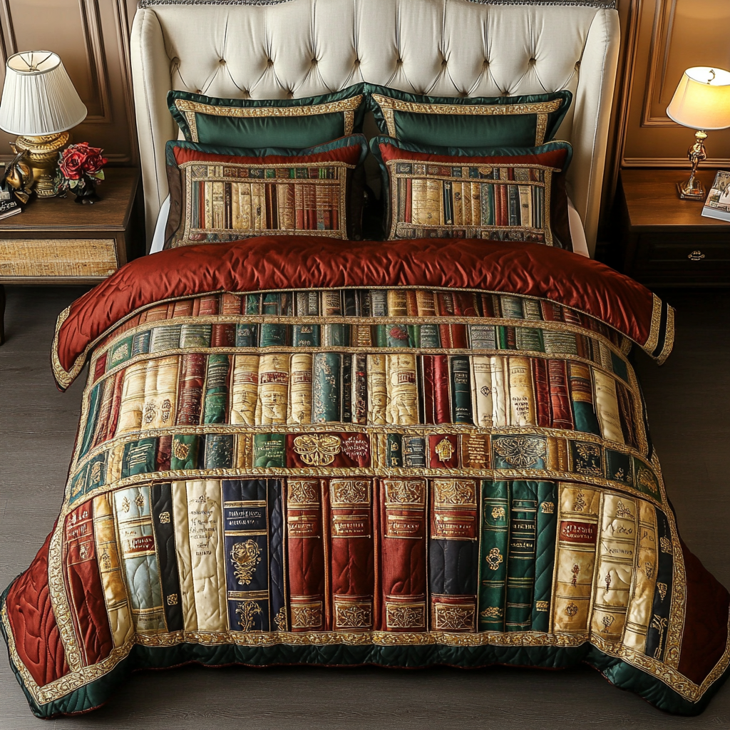 Library Dreams Quilted Bedding Set Cute Bedroom Decor Unusual Book Gifts Items
