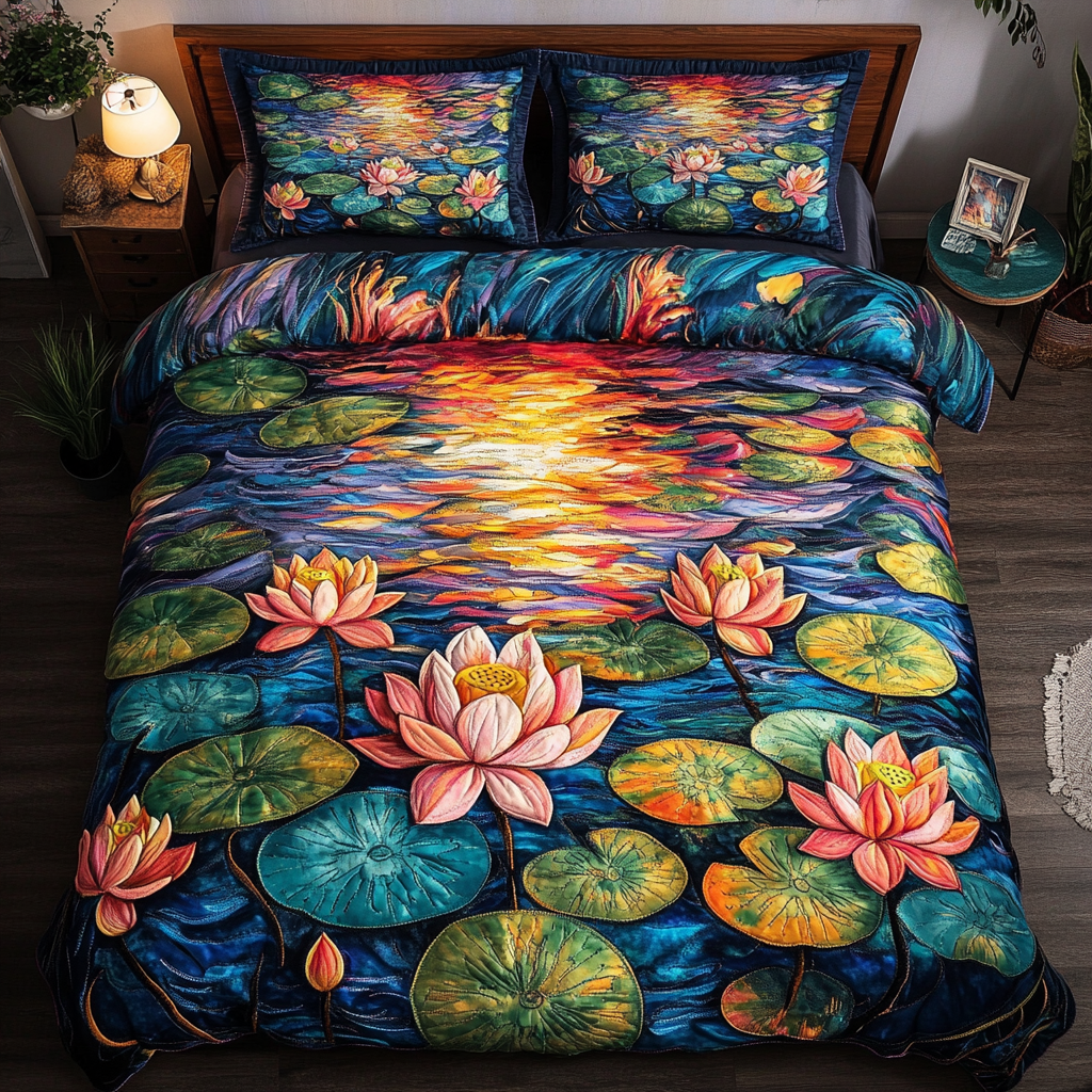 Lotus Serenity Quilted Bedding Set Gifts For Flower Enthusiasts