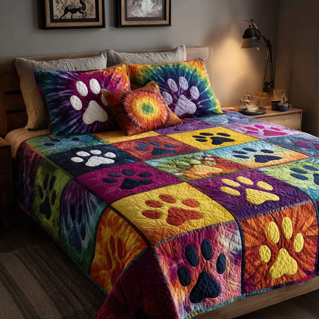 Loving Paws Quilted Bedding Set Colorful Tie Dye Patchwork Bedspread Set Gifts For Dog Lovers